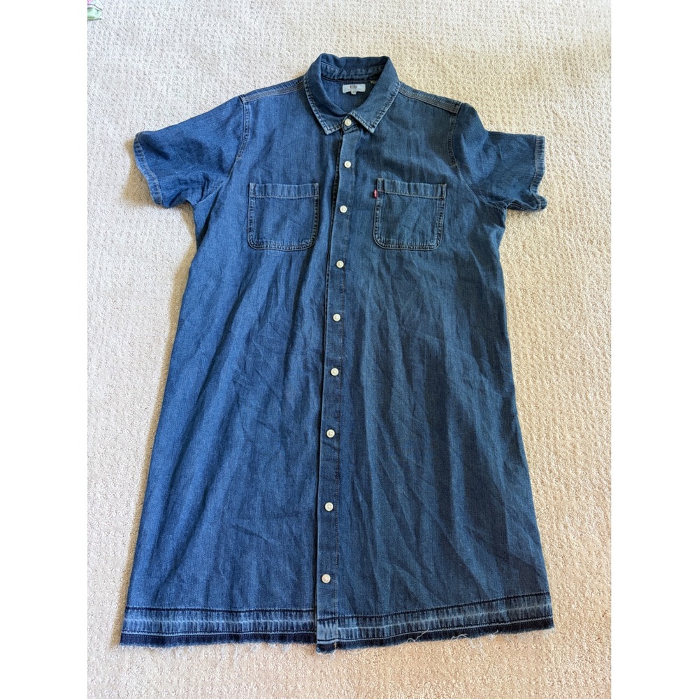Levis Womens XL Denim Shirt Dress Blue Short Sleeve Button Down Frayed Hem